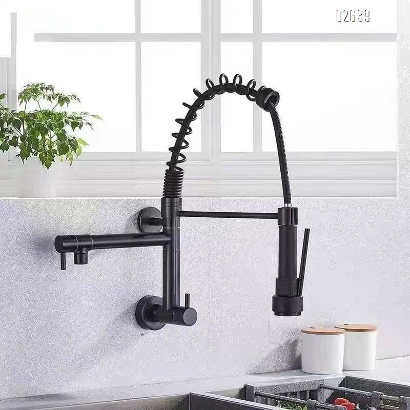 Brass American kitchen pull-out faucet sink balcony washing pool wall-mounted single cold rotating double outlet faucet