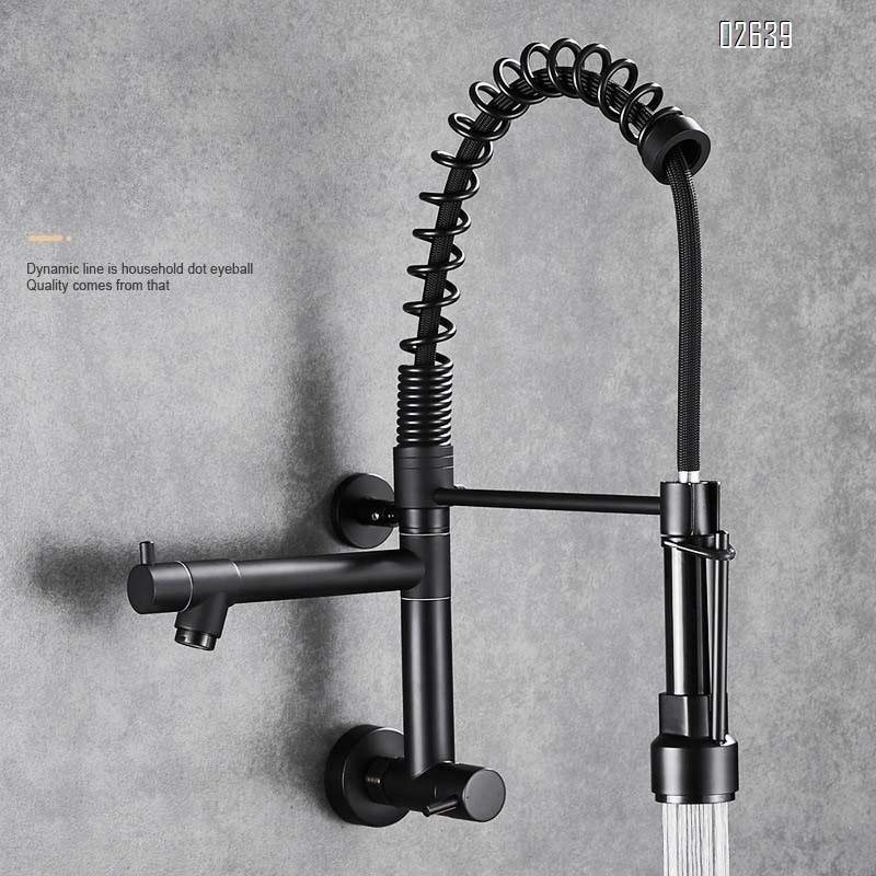 Brass American kitchen pull-out faucet sink balcony washing pool wall-mounted single cold rotating double outlet faucet