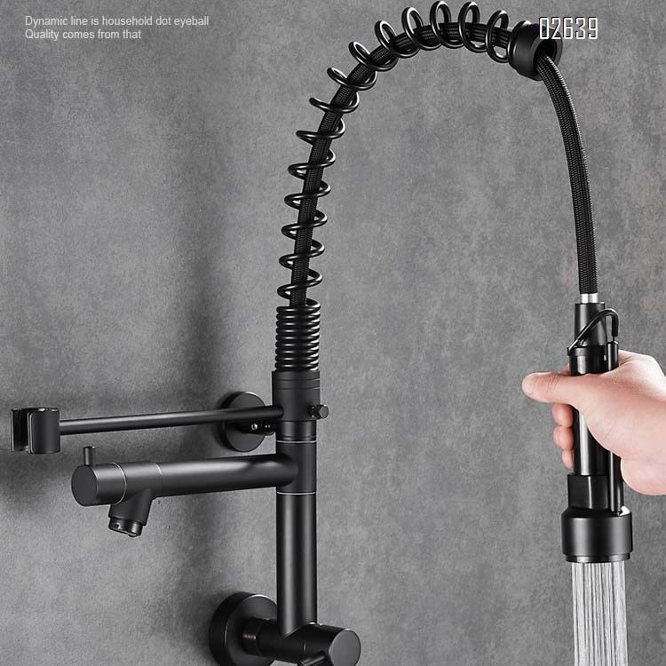 Brass American kitchen pull-out faucet sink balcony washing pool wall-mounted single cold rotating double outlet faucet