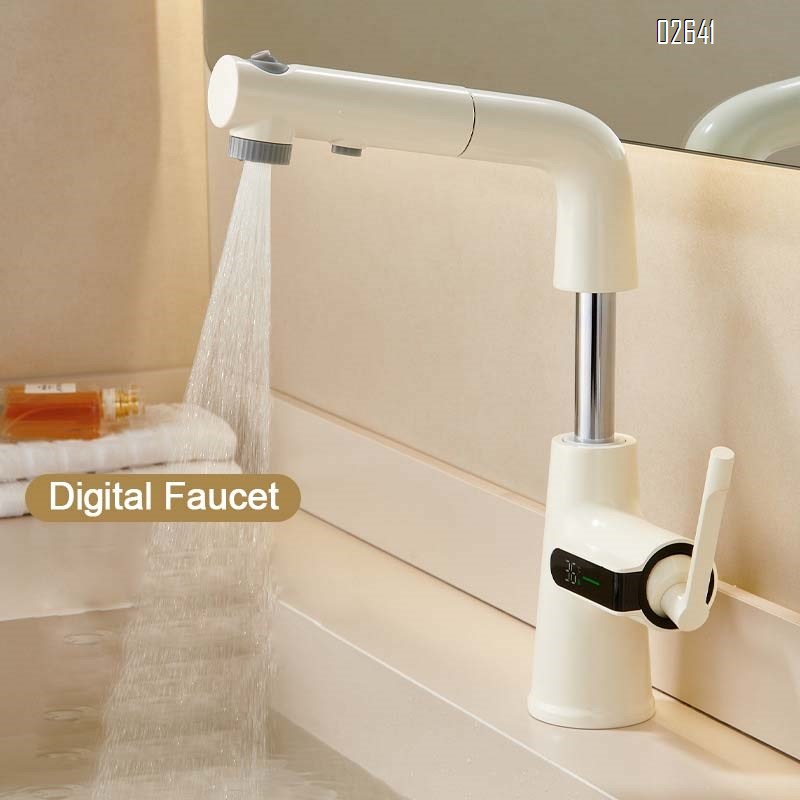 Touchless pull-out faucet with digital display for bathroom with swivel Brass hot and cold basin faucet