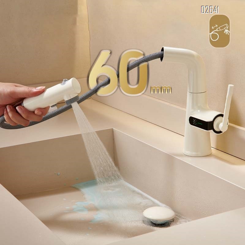 Touchless pull-out faucet with digital display for bathroom with swivel Brass hot and cold basin faucet