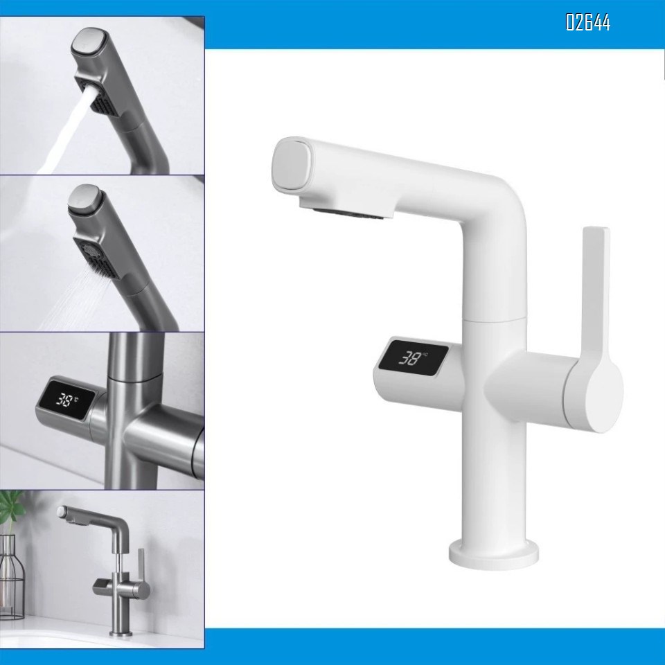 Brass pull-out faucet with intelligent gunmetal gray bathroom faucet for cold and hot wash basin