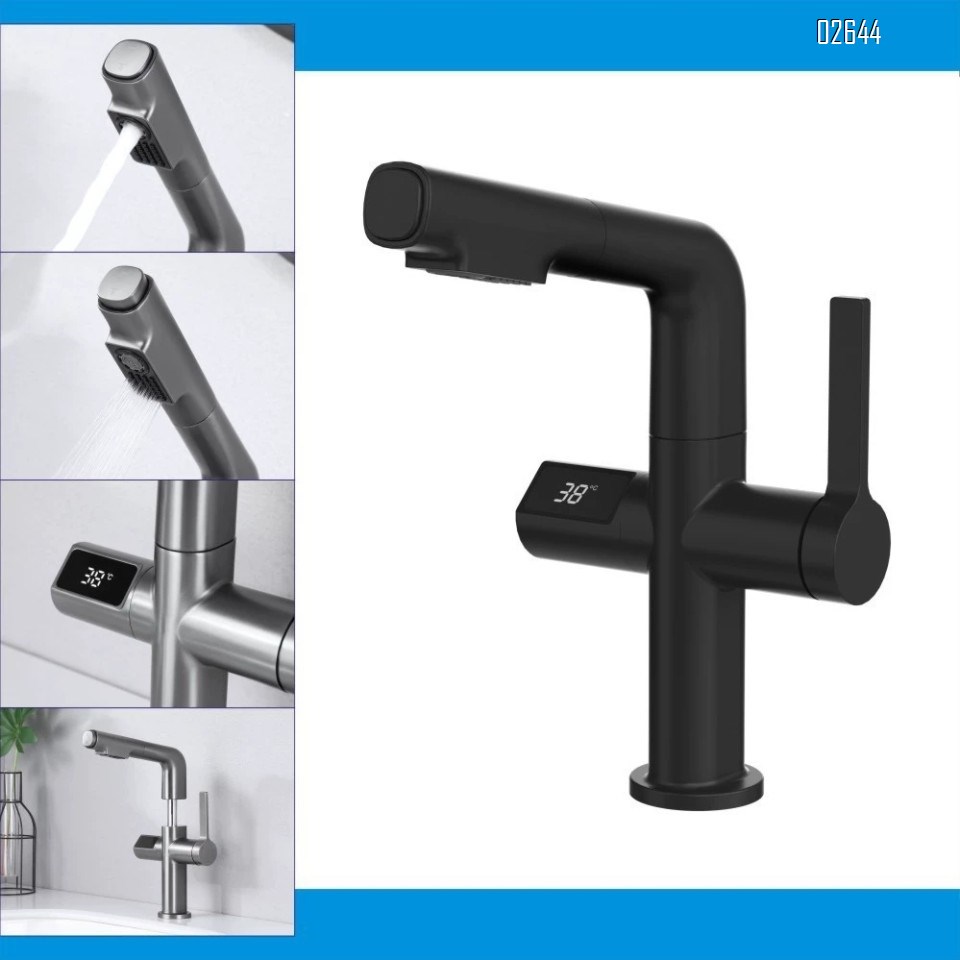 Brass pull-out faucet with intelligent gunmetal gray bathroom faucet for cold and hot wash basin