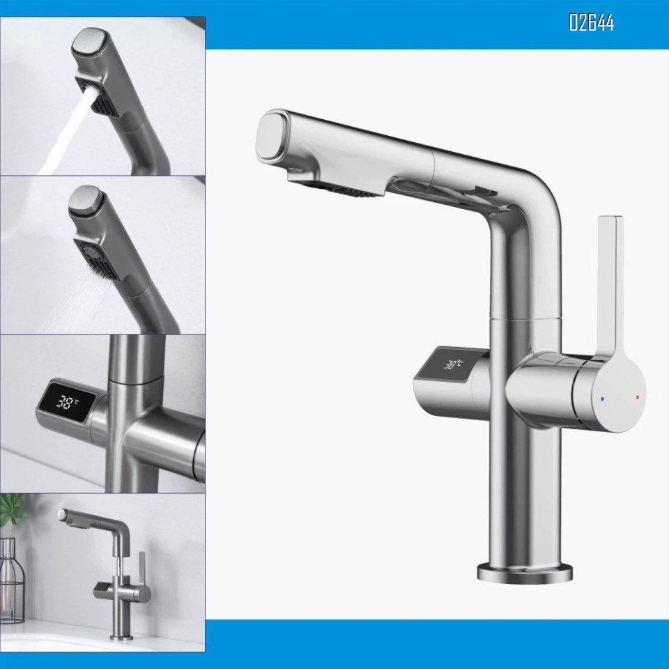 Brass pull-out faucet with intelligent gunmetal gray bathroom faucet for cold and hot wash basin