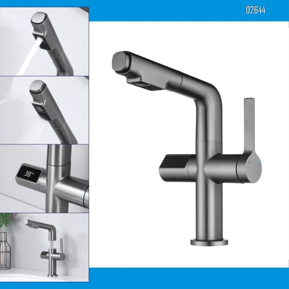 Brass pull-out faucet with intelligent gunmetal gray bathroom faucet for cold and hot wash basin