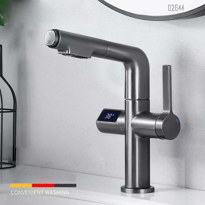 Brass pull-out faucet with intelligent gunmetal gray bathroom faucet for cold and hot wash basin