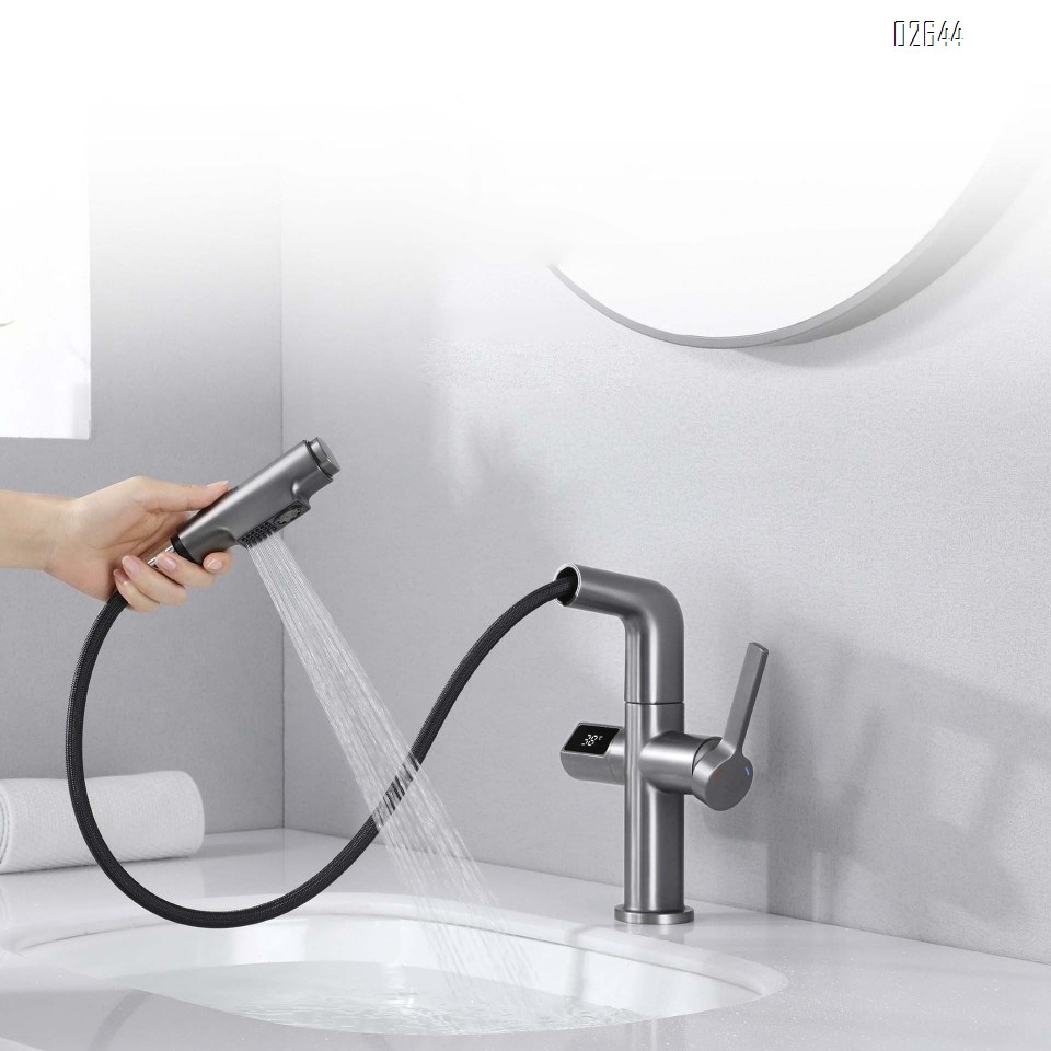 Brass pull-out faucet with intelligent gunmetal gray bathroom faucet for cold and hot wash basin