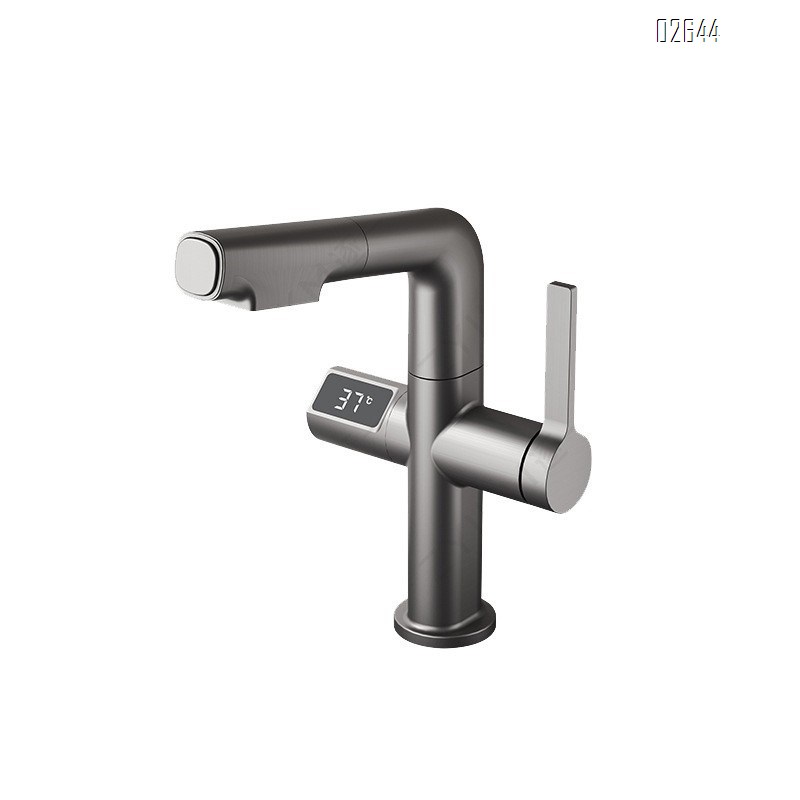Brass pull-out faucet with intelligent gunmetal gray bathroom faucet for cold and hot wash basin