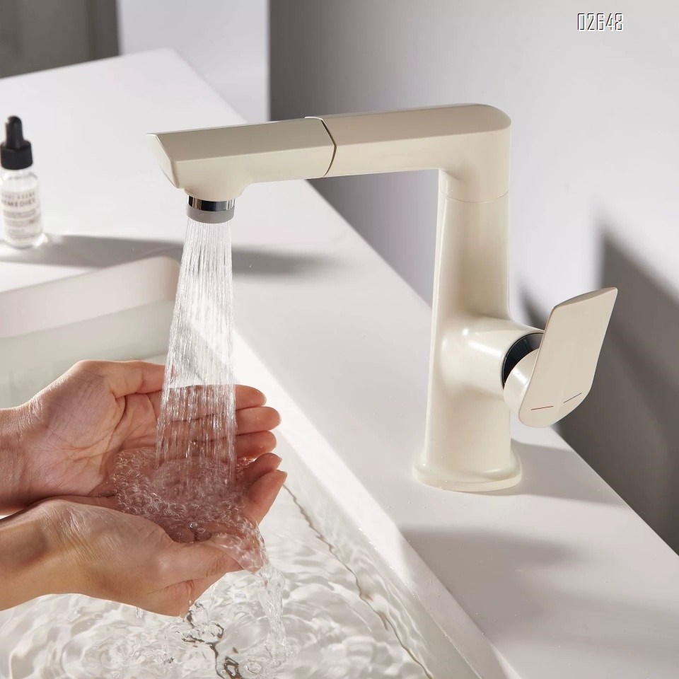 Brass white cold and hot wash basin faucet with pull-out and height adjustable bathroom and toilet faucet