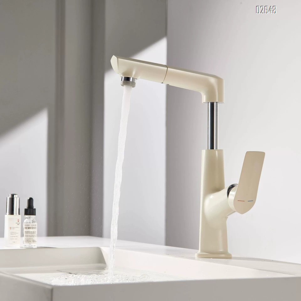 Brass white cold and hot wash basin faucet with pull-out and height adjustable bathroom and toilet faucet