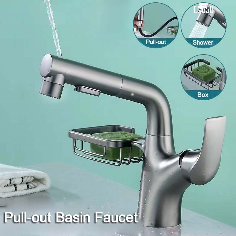 New gun gray multi-functional pull-out and lift-up swivel bathroom faucet on the wash basin for washing hair and cold and hot water basin