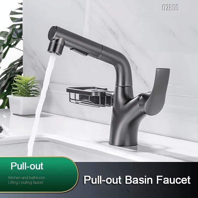 New gun gray multi-functional pull-out and lift-up swivel bathroom faucet on the wash basin for washing hair and cold and hot water basin