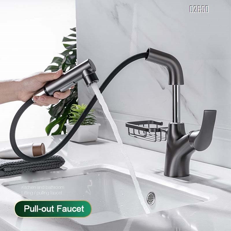 New gun gray multi-functional pull-out and lift-up swivel bathroom faucet on the wash basin for washing hair and cold and hot water basin