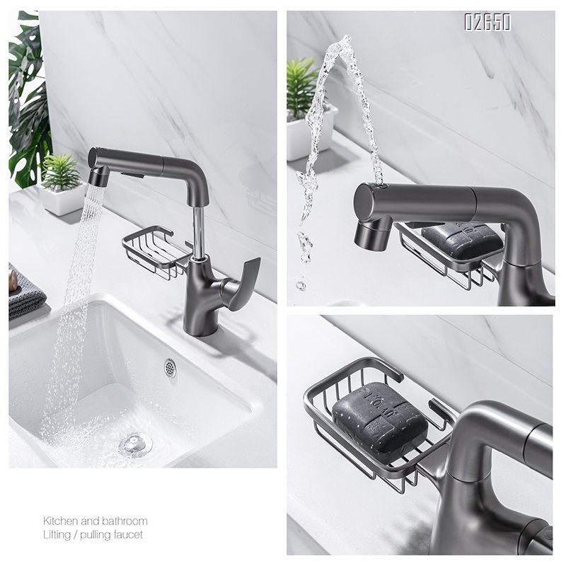 New gun gray multi-functional pull-out and lift-up swivel bathroom faucet on the wash basin for washing hair and cold and hot water basin