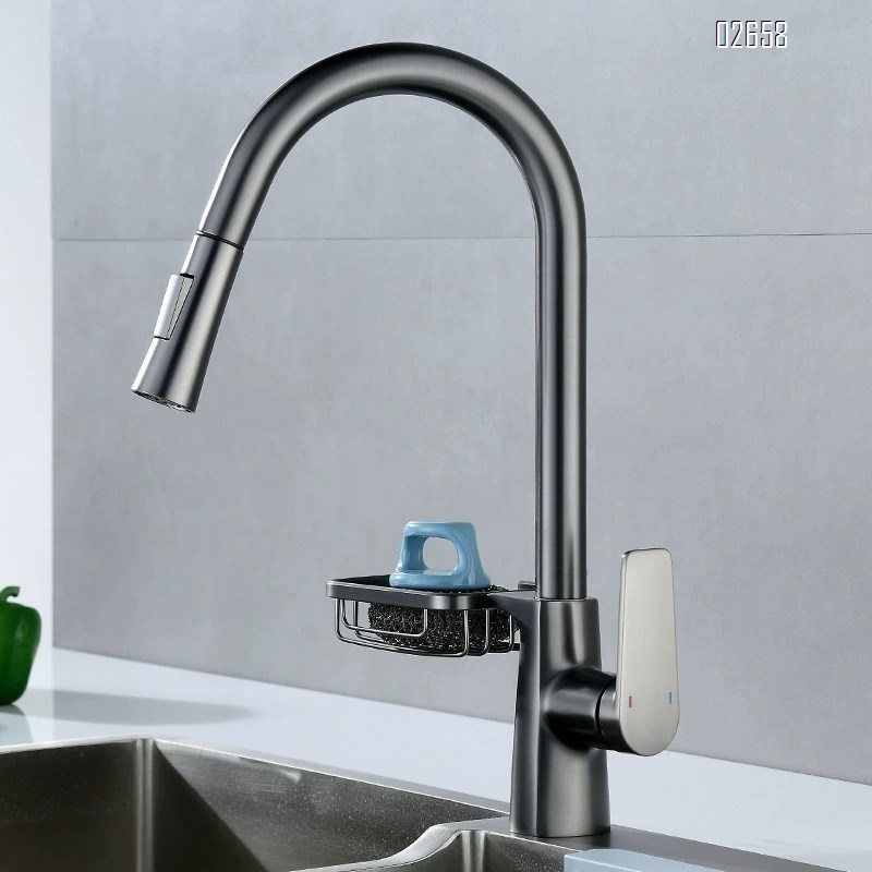 Pull-out Gun gray kitchen faucet with storage rack for sink and dishwasher swivel faucet for washing dishes