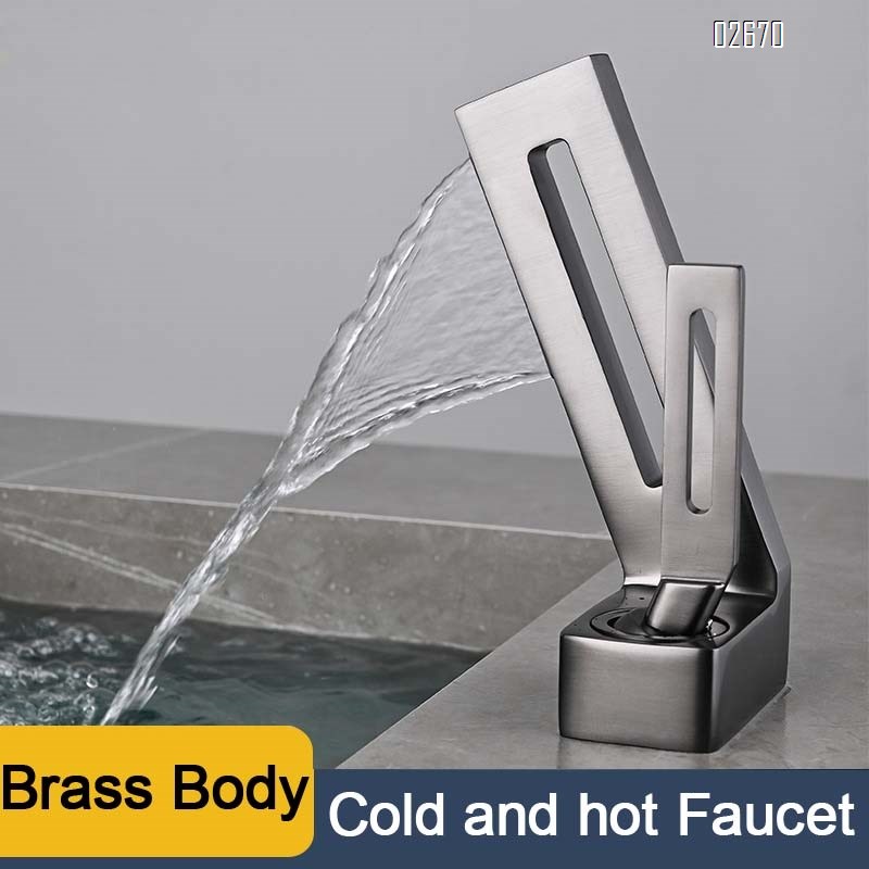 Brass waterfall faucet with single hole basin for home use creative hollow design for cold and hot water