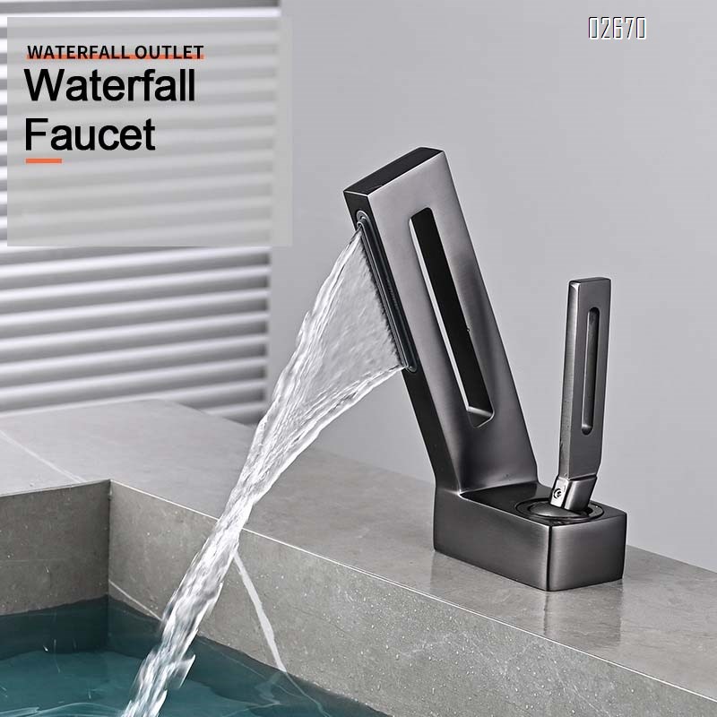 Brass waterfall faucet with single hole basin for home use creative hollow design for cold and hot water