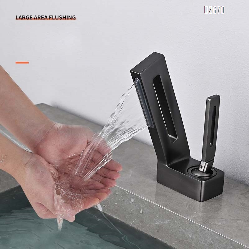 Brass waterfall faucet with single hole basin for home use creative hollow design for cold and hot water