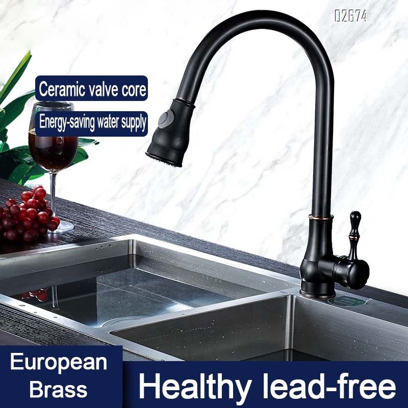 Black antique all-brass kitchen pull-out faucet above-ground basin cold and hot water faucet dish pool water tank faucet