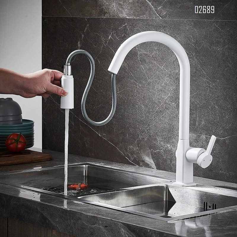 Kitchen full Brass pull-out faucet three-mode water outlet spray head sink cold and hot water multi-rotation vegetable basin