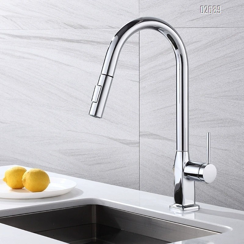 Kitchen full Brass pull-out faucet three-mode water outlet spray head sink cold and hot water multi-rotation vegetable basin