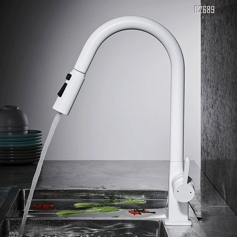 Kitchen full Brass pull-out faucet three-mode water outlet spray head sink cold and hot water multi-rotation vegetable basin