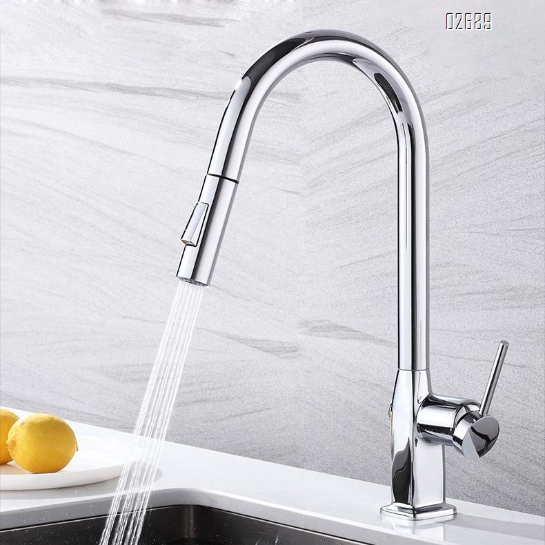 Kitchen full Brass pull-out faucet three-mode water outlet spray head sink cold and hot water multi-rotation vegetable basin