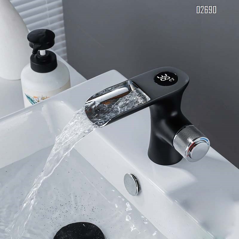 Bathroom all-Brass intelligent digital display constant temperature basin single hole cold and hot faucet bathroom home washstand waterfall splash-proof