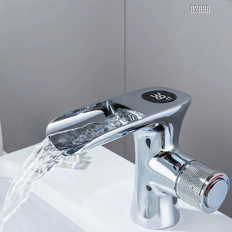 Bathroom all-Brass intelligent digital display constant temperature basin single hole cold and hot faucet bathroom home washstand waterfall splash-proof