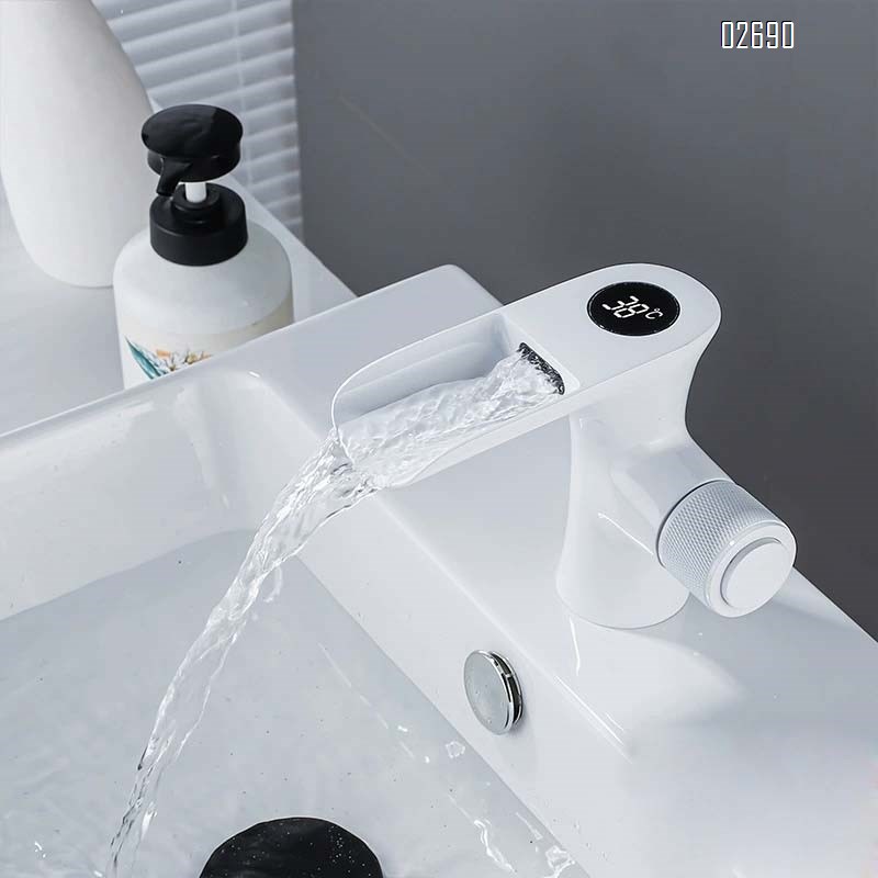 Bathroom all-Brass intelligent digital display constant temperature basin single hole cold and hot faucet bathroom home washstand waterfall splash-proof