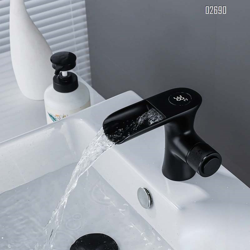 Bathroom all-Brass intelligent digital display constant temperature basin single hole cold and hot faucet bathroom home washstand waterfall splash-proof
