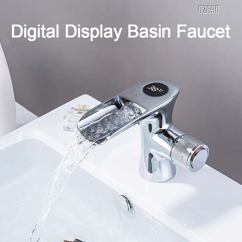 Bathroom all-Brass intelligent digital display constant temperature basin single hole cold and hot faucet bathroom home washstand waterfall splash-proof
