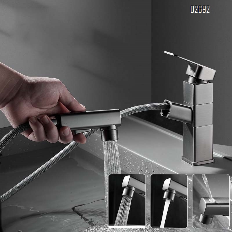 Brass pull-out faucet for bathroom wash basin home use extendable and rotatable basin faucet