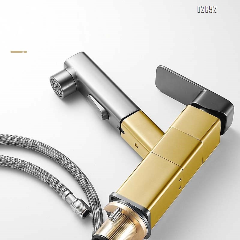 Brass pull-out faucet for bathroom wash basin home use extendable and rotatable basin faucet