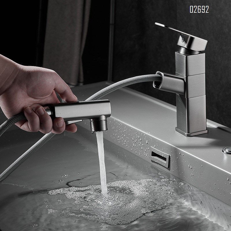 Brass pull-out faucet for bathroom wash basin home use extendable and rotatable basin faucet