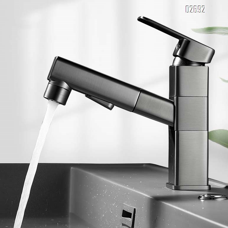 Brass pull-out faucet for bathroom wash basin home use extendable and rotatable basin faucet