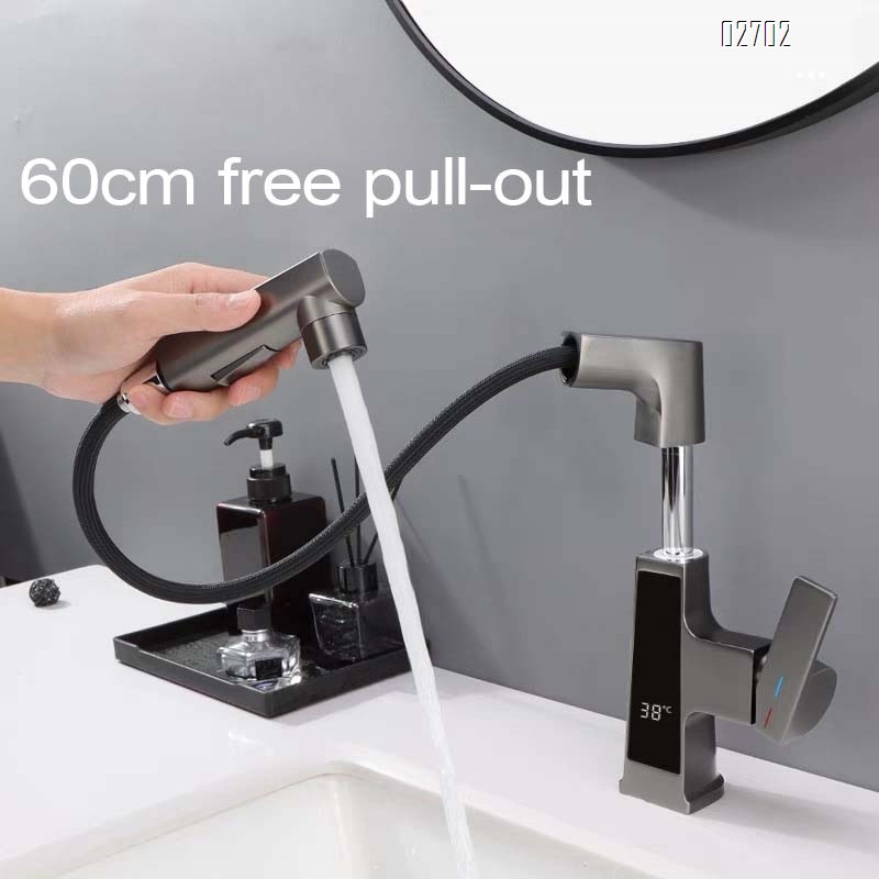 Pull-out type Brass single hole wash basin with extendable faucet multi-functional intelligent temperature display cold and hot water
