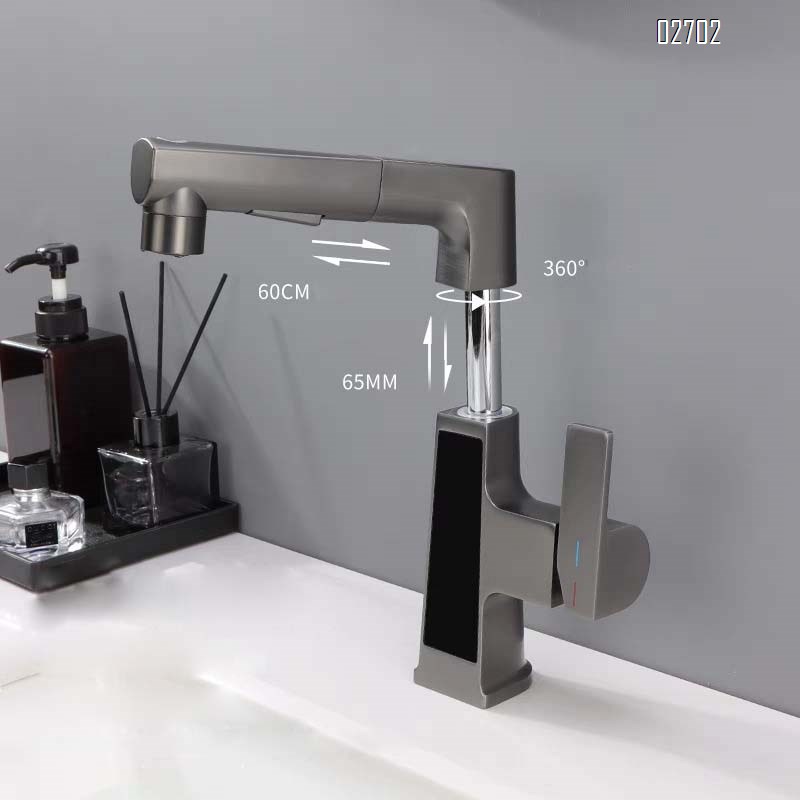 Pull-out type Brass single hole wash basin with extendable faucet multi-functional intelligent temperature display cold and hot water