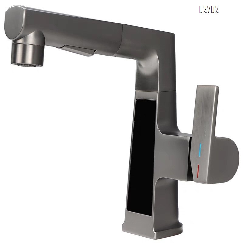 Pull-out type Brass single hole wash basin with extendable faucet multi-functional intelligent temperature display cold and hot water
