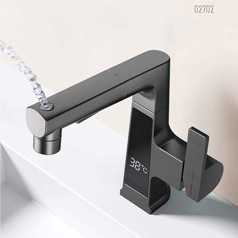 Pull-out type Brass single hole wash basin with extendable faucet multi-functional intelligent temperature display cold and hot water