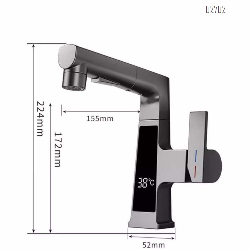 Pull-out type Brass single hole wash basin with extendable faucet multi-functional intelligent temperature display cold and hot water