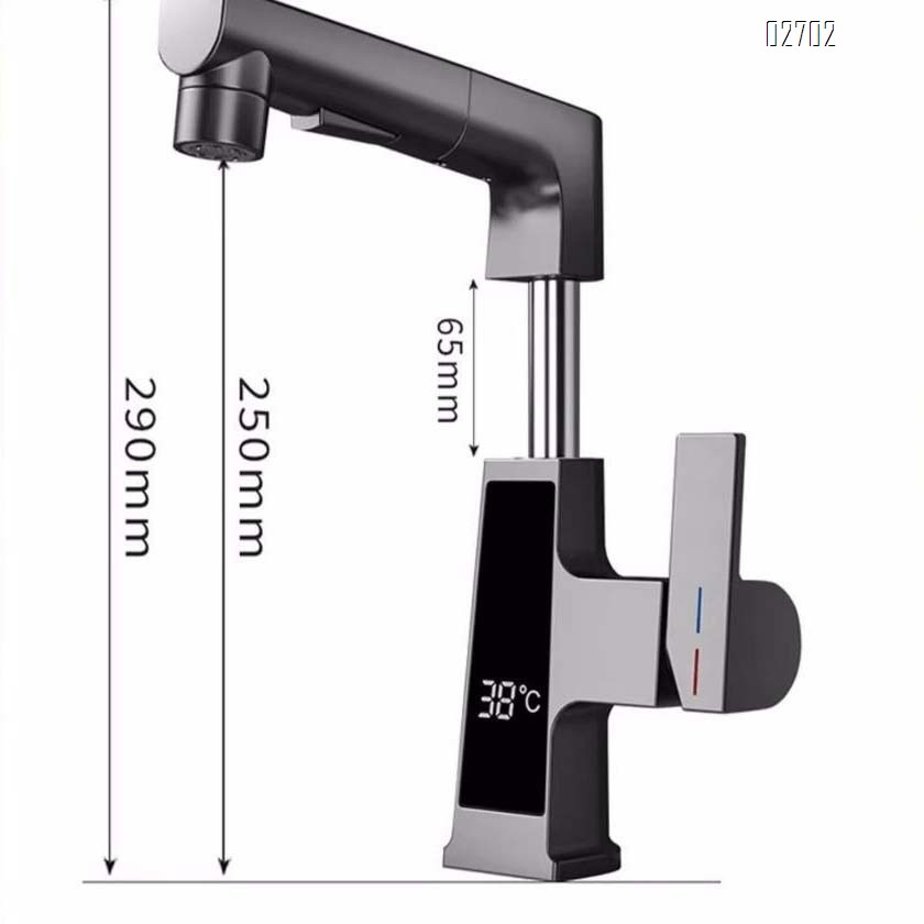 Pull-out type Brass single hole wash basin with extendable faucet multi-functional intelligent temperature display cold and hot water