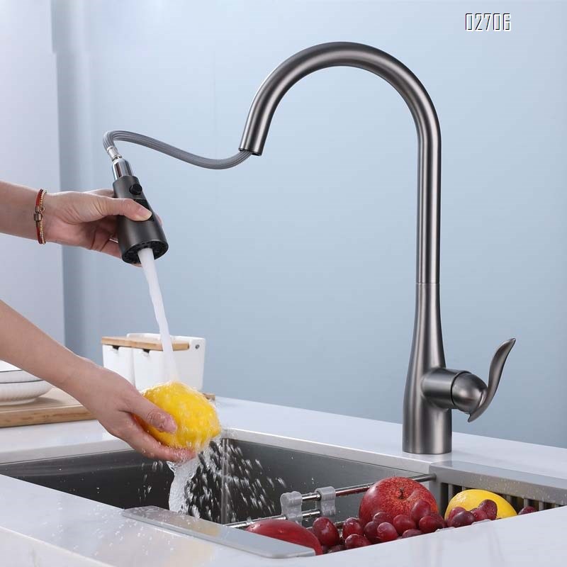 Kitchen faucet with cold and hot water all brass pull-out type for home vegetable washing sink multi-functional anti-splash and increasing faucet