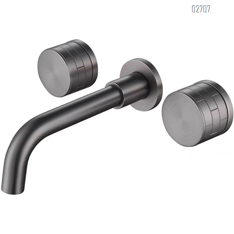 Full Brass gunmetal grey basin with double handle cold and hot recessed faucet wall-mounted rotatable wash basin with wall discharge