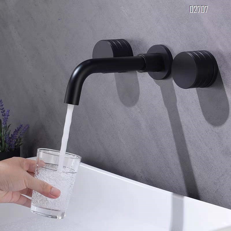 Full Brass gunmetal grey basin with double handle cold and hot recessed faucet wall-mounted rotatable wash basin with wall discharge