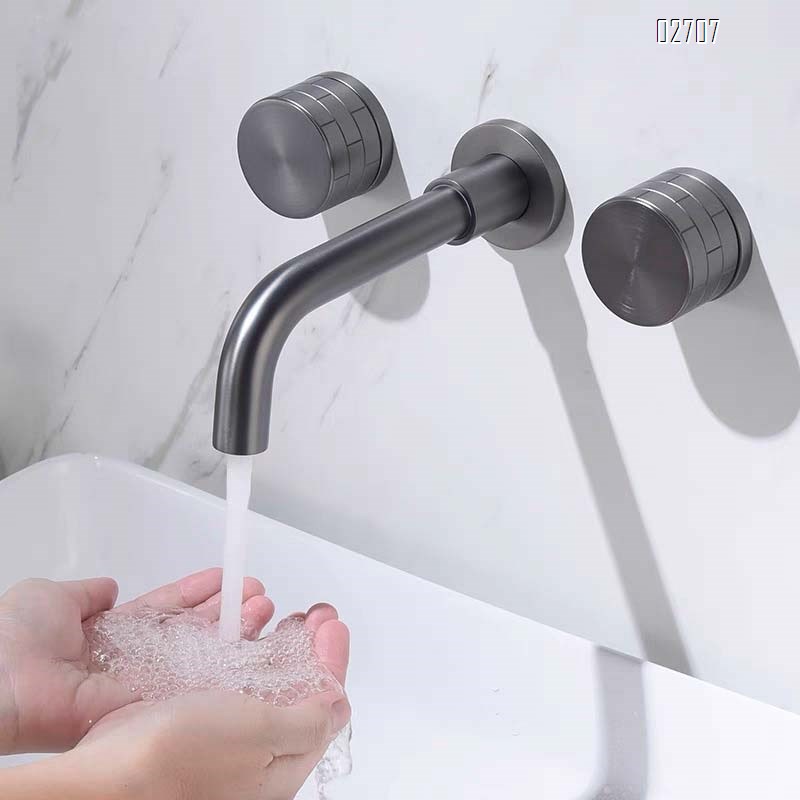 Full Brass gunmetal grey basin with double handle cold and hot recessed faucet wall-mounted rotatable wash basin with wall discharge