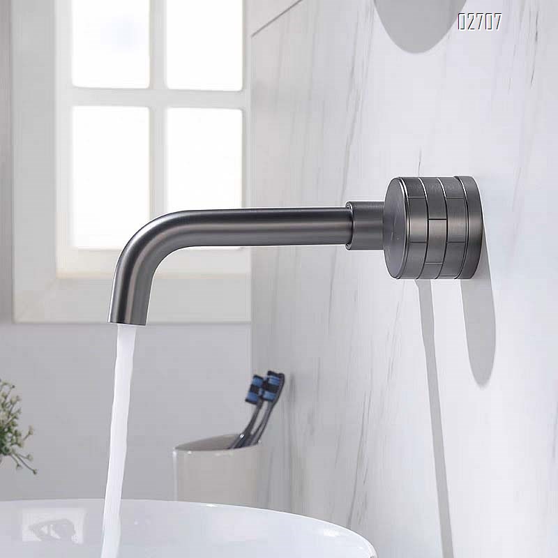 Full Brass gunmetal grey basin with double handle cold and hot recessed faucet wall-mounted rotatable wash basin with wall discharge
