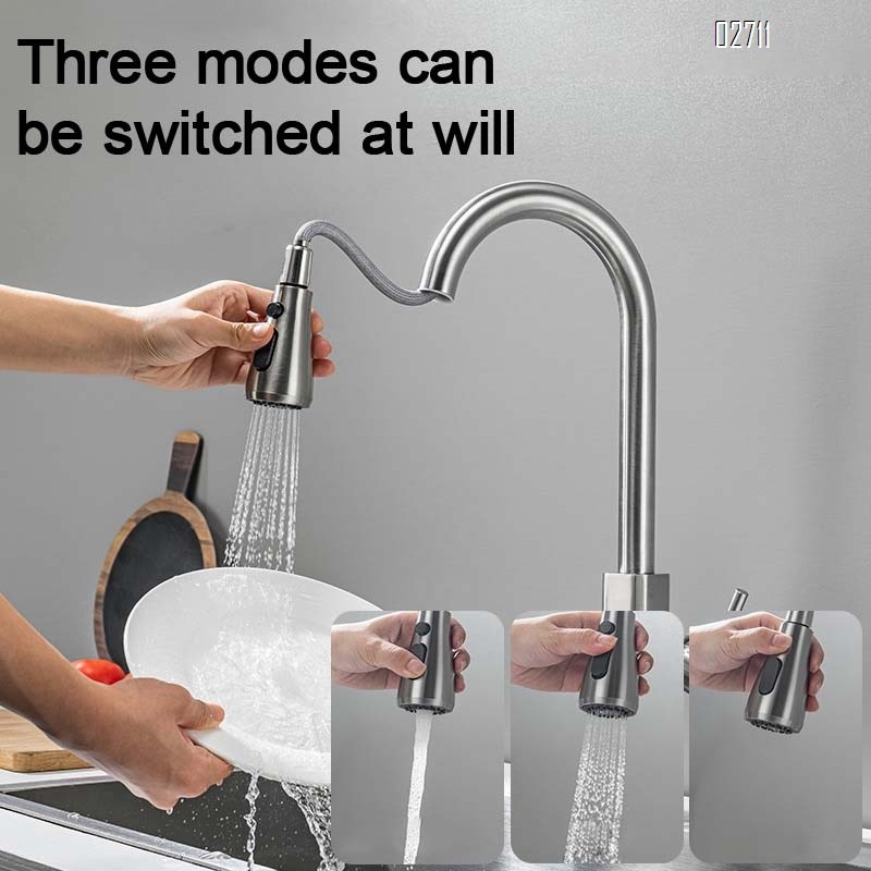 Burshed Gold Gun Grey Kitchen pull-out faucet 304 stainless steel pull-out cold and hot water faucet