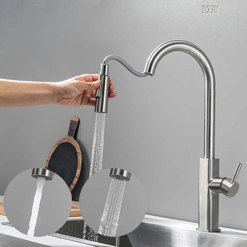 Burshed Gold Gun Grey Kitchen pull-out faucet 304 stainless steel pull-out cold and hot water faucet