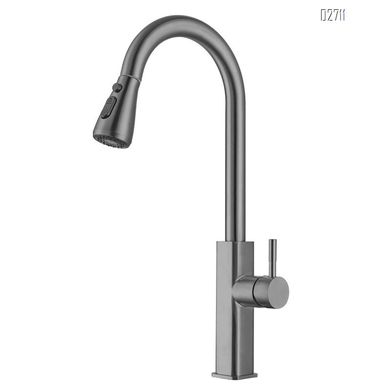 Burshed Gold Gun Grey Kitchen pull-out faucet 304 stainless steel pull-out cold and hot water faucet